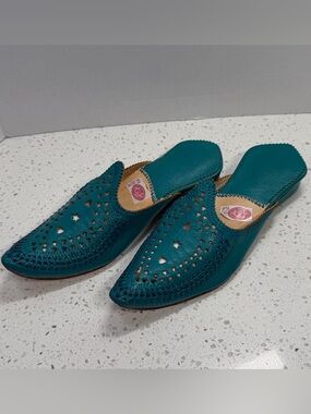 Moroccan Leather Babouche Mules Handmade Turquoise Slip On Flats Size 40